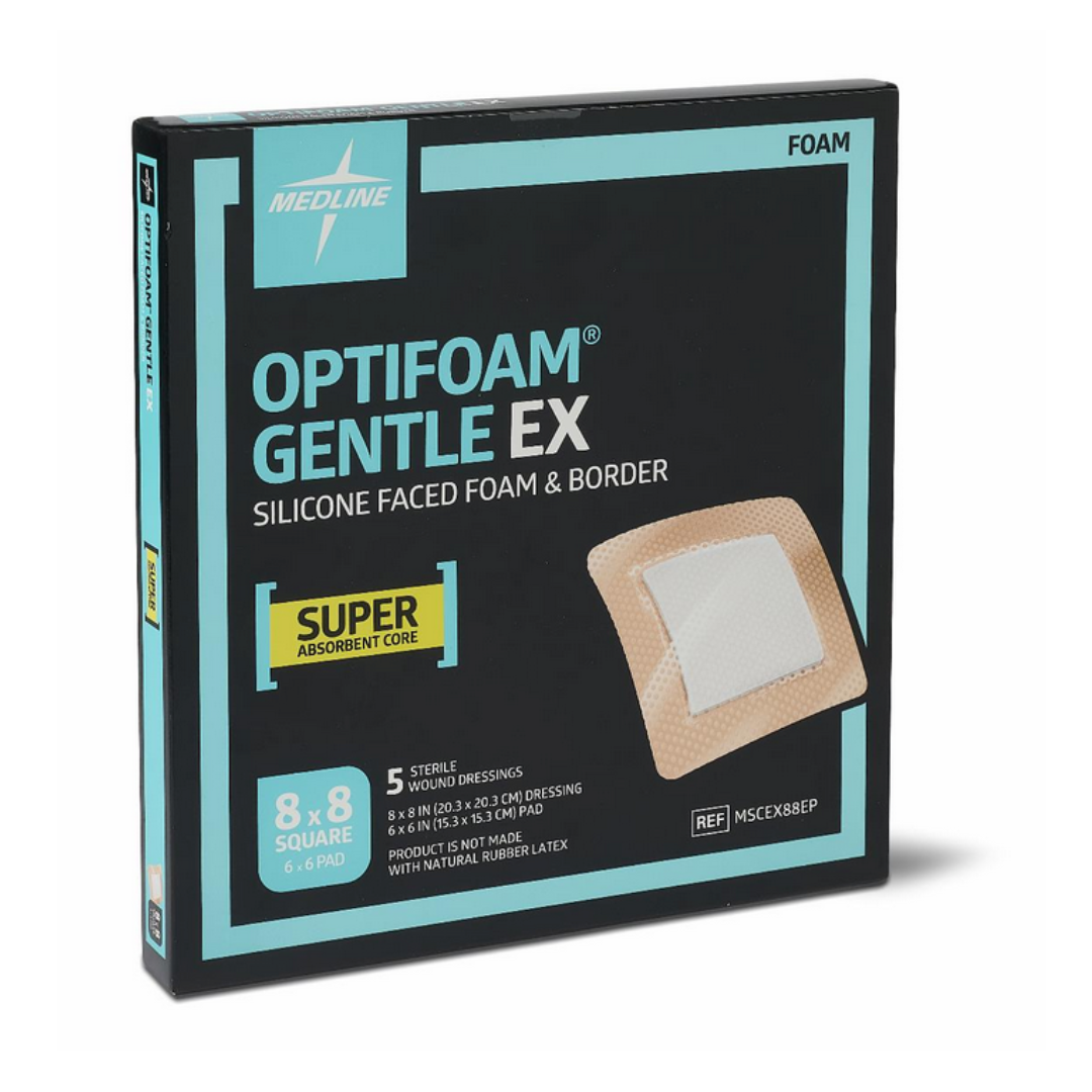 Medline Optifoam Gentle EX Silicone-Faced Foam Wound Dressings, 8x8 in, box of 5 sterile advanced dressings with superabsorbent core for superior moisture control.